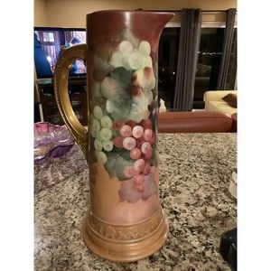 Limoges  Early 1900s WG & co Tankard Pitcher with purple green grapes 15 inches